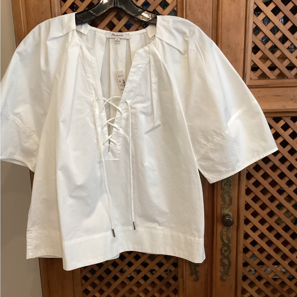 Madewell White Lace-Up Cotton Peasant Top